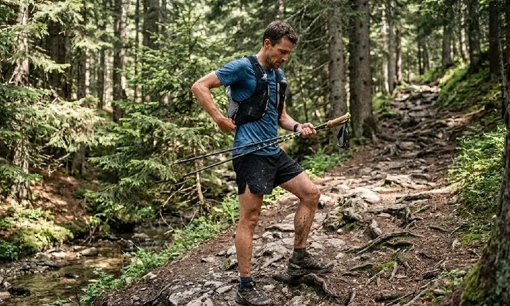 Coureur qui sort et déplie ses bâtons Leki pendant une montée technique.