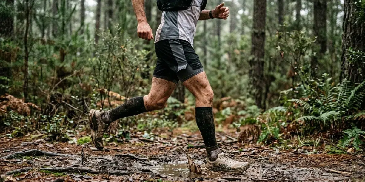 Coureur traversant un sentier forestier humide avec chaussures trail légères