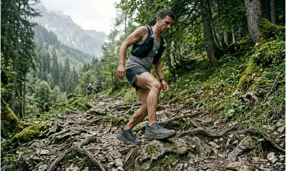 Descente technique montrant l’adhérence réelle d’une chaussure trail ultra.