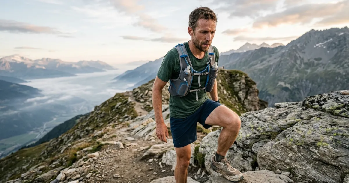 Un coureur franchit une section technique humide mettant en évidence l'accroche et la stabilité de ses chaussures.