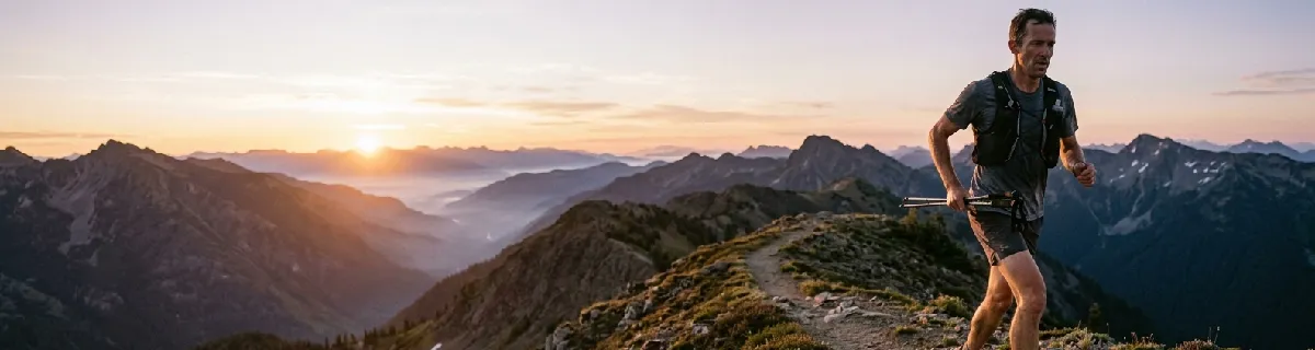 Un traileur progresse sur une crête au lever du jour avec un immense panorama montagneux.