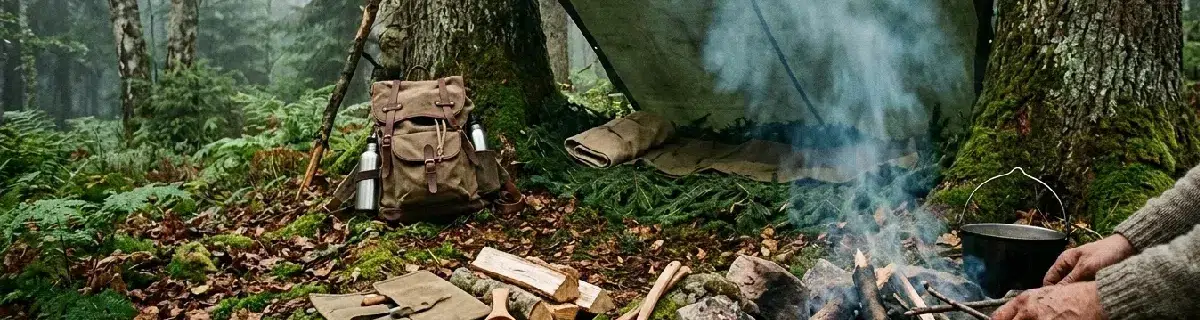 Un camp bushcraft en forêt avec feu actif et abri tarp, ambiance humide et réaliste.
