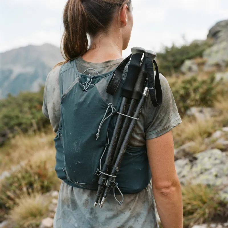 Bâtons de trail pliables en carbone fixés sur le gilet d’hydratation d’une traileuse.