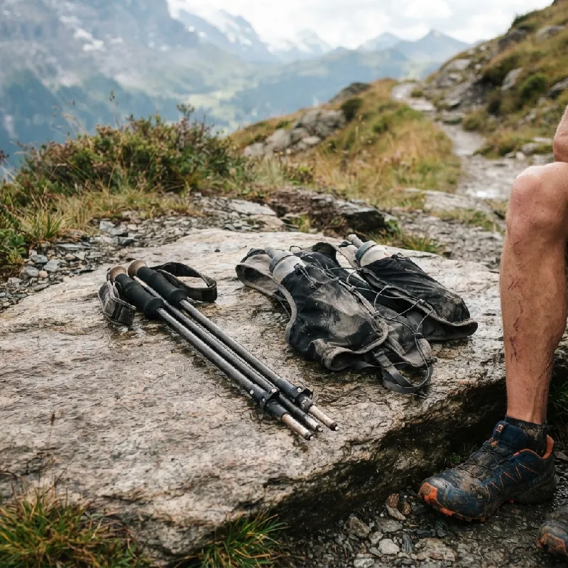 Bâtons de trail pliables posés près d’un gilet d’hydratation sur un sentier de montagne.