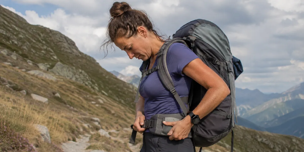 Randonneuse ajustant la ceinture ventrale de son sac à dos de trek femme pendant une randonnée en montagne.