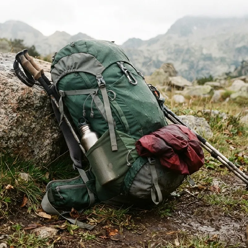 Sac à dos de trek d'environ 50 litres posé près d'un rocher lors d'une pause en montagne.