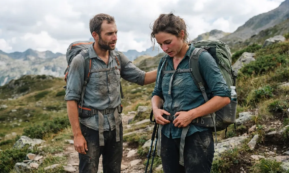 Randonneur débutant ajustant la ceinture ventrale de son sac à dos de trek pendant une pause en montagne.