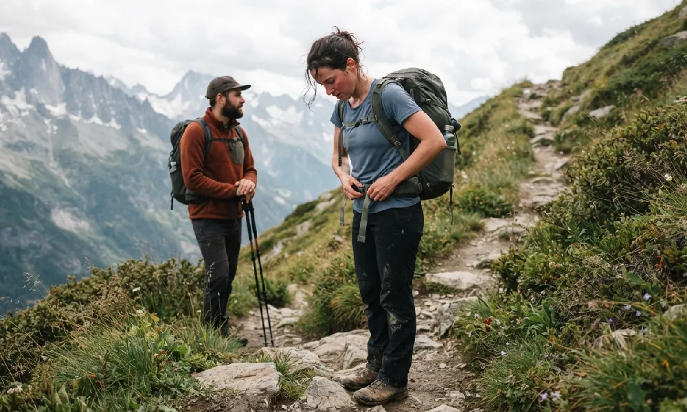 Trekkeuse ajustant la ceinture ventrale de son sac à dos de trek léger.
