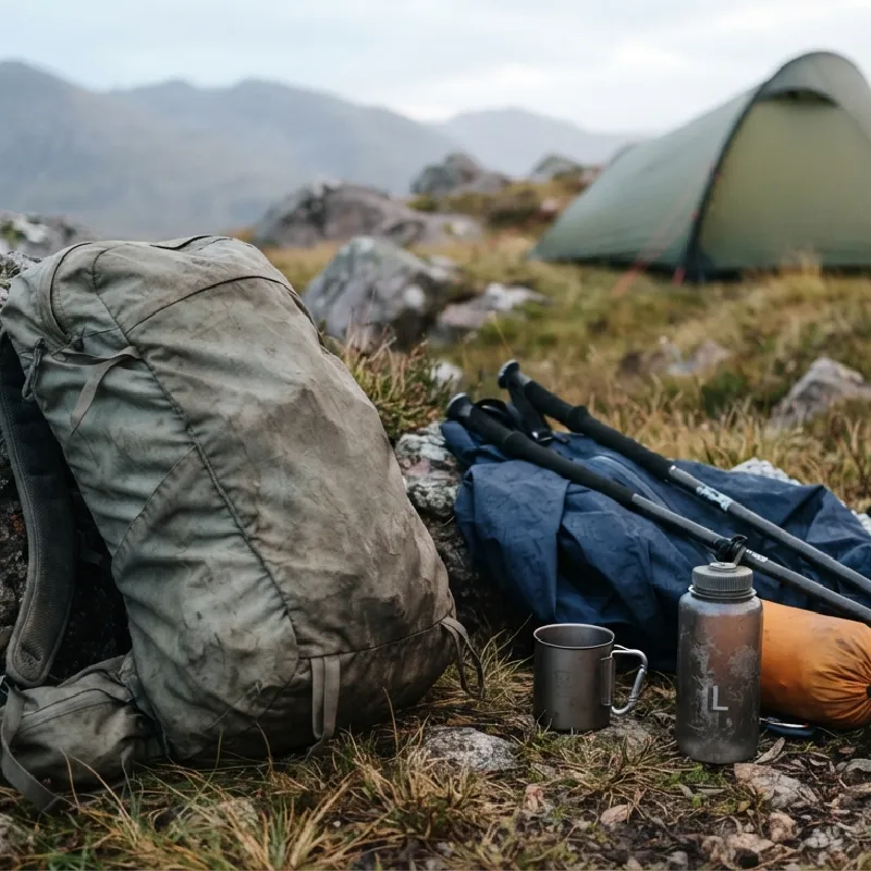 Sac à dos de trek léger et équipement de bivouac posés en montagne.