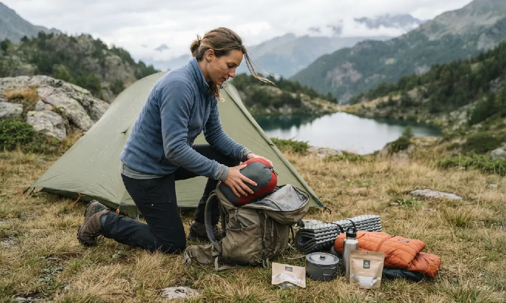 Trekkeuse organisant son matériel de bivouac dans un sac à dos de 50 litres.